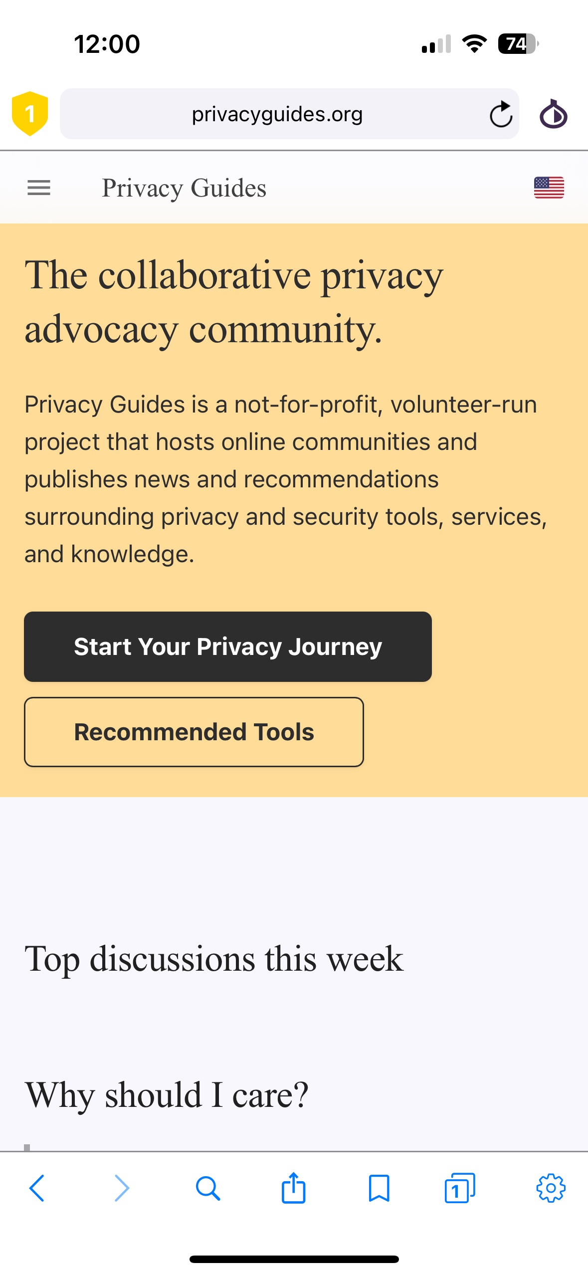 A screenshot of the Privacy Guides homepage with external fonts disabled